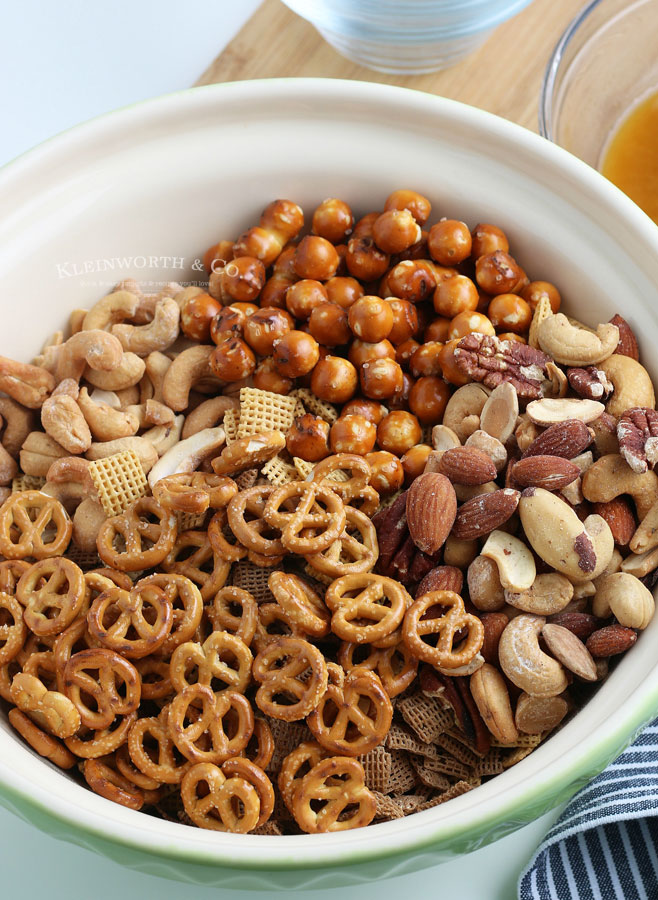 ingredients combined for party snack mix