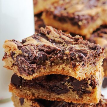 bite of chocolate chip cookie bars with peanut butter