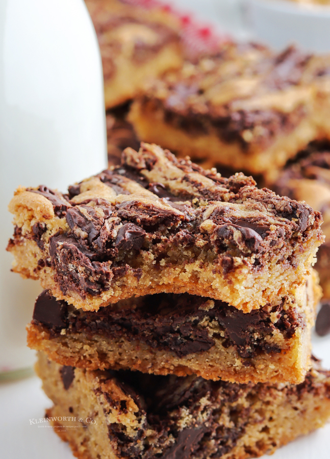 bite of chocolate chip cookie bars with peanut butter