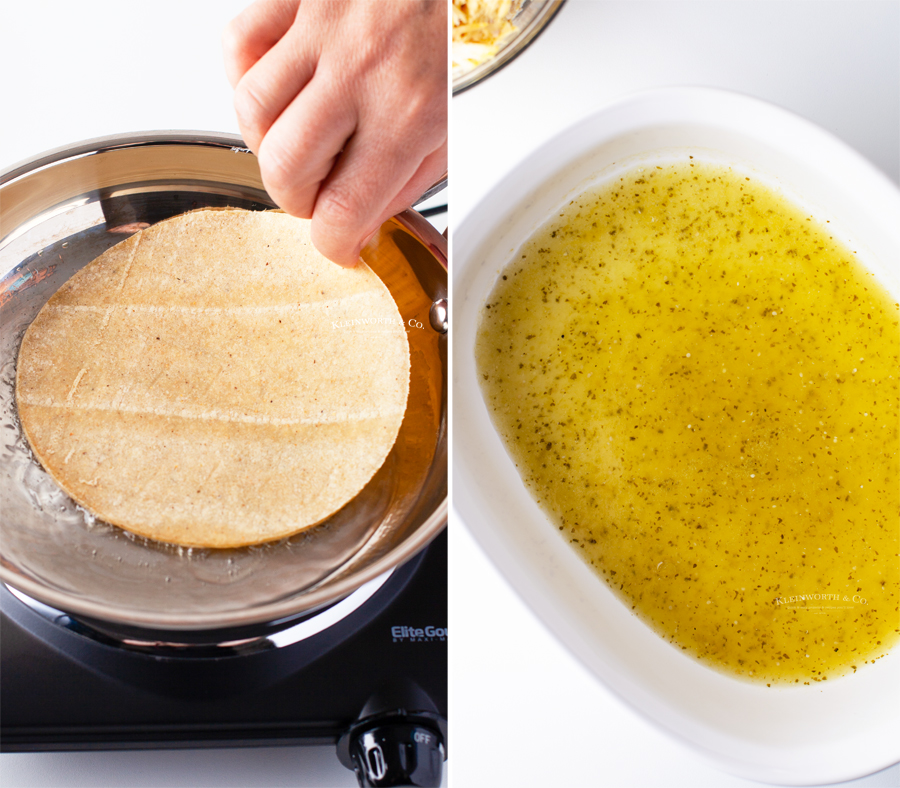 preparing tortillas for enchiladas