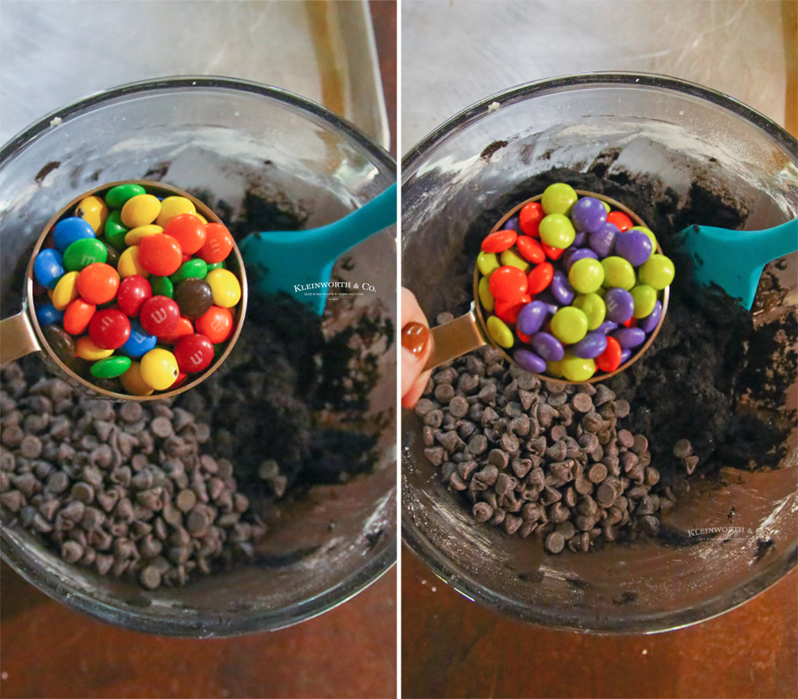 Adding M&M's to chocolate cookies