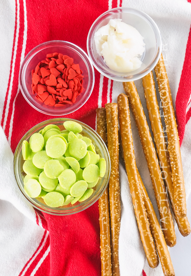 ingredients for Grinch Chocolate Covered Pretzel Rods