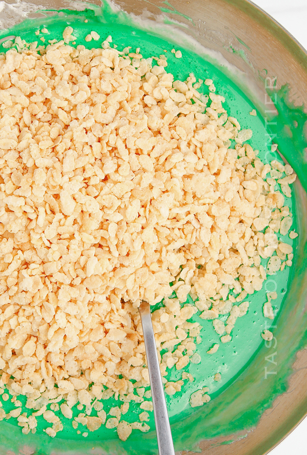 mixing krispie treats