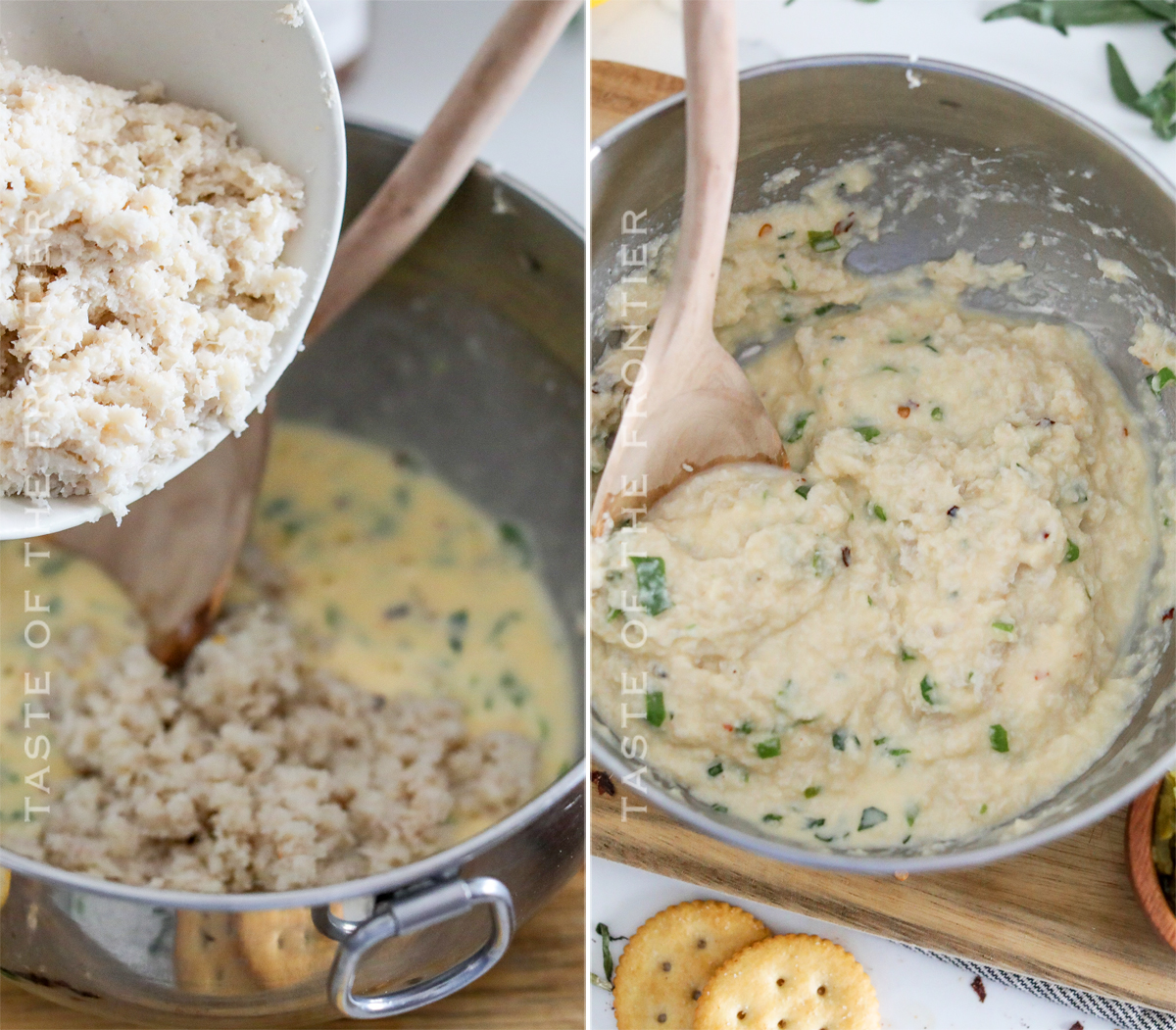 mixing the filler with the crab meat