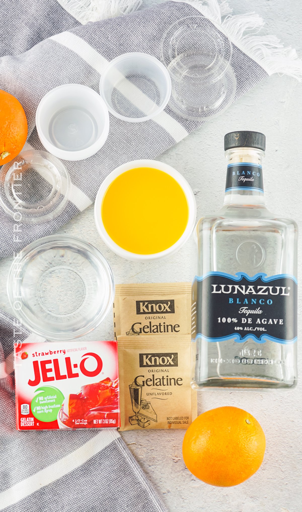 ingredients for Tequila Sunrise Jello Shots