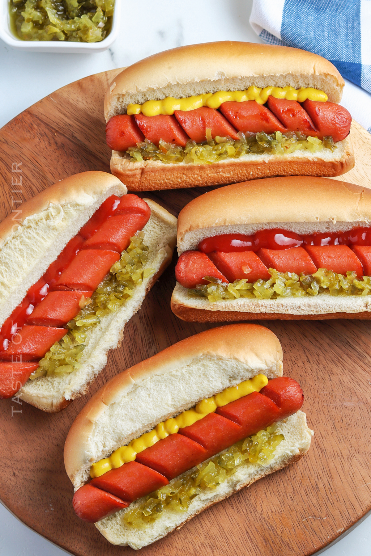 hot dogs with mustard and relish