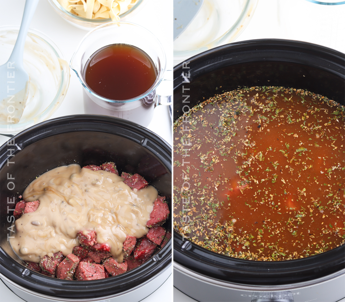 broth and sauce with beef in crockpot