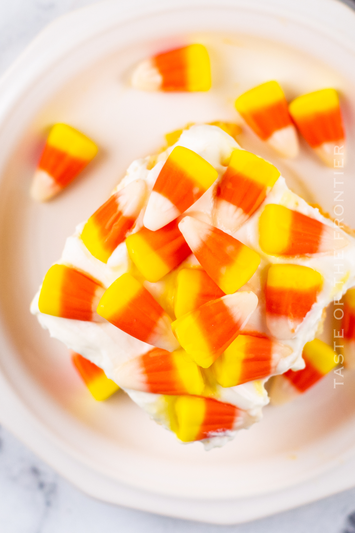 cake decorated with candy corn