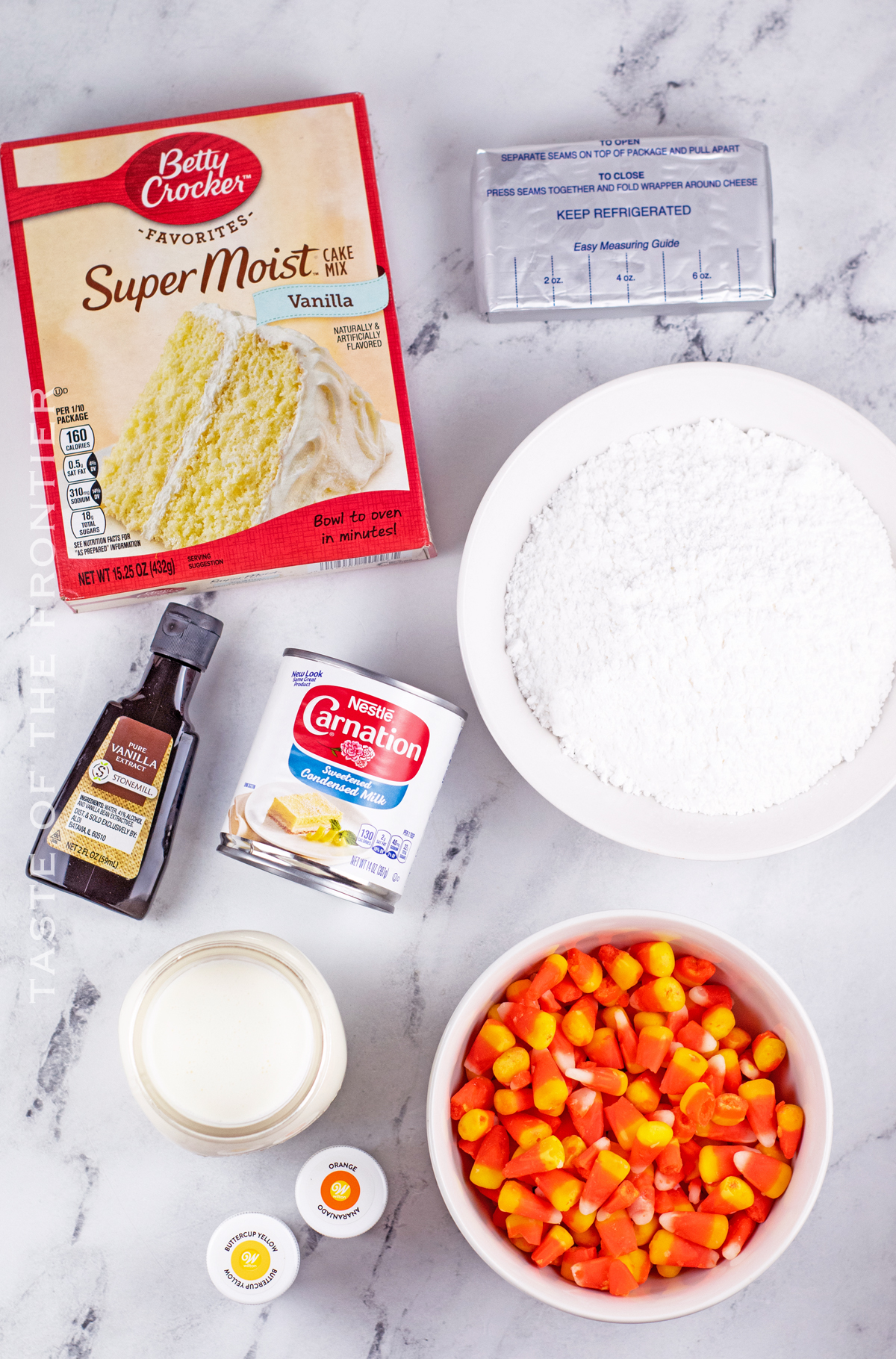 ingredients for Candy Corn Poke Cake