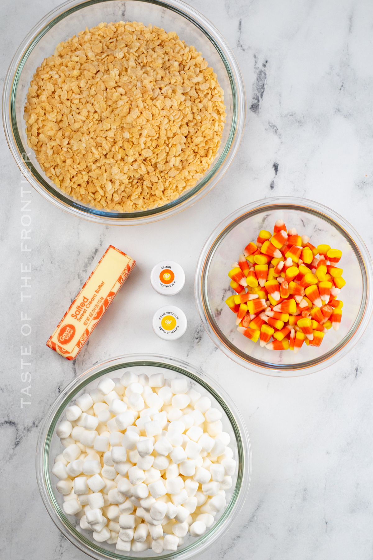 ingredients for Candy Corn Rice Krispie Treats