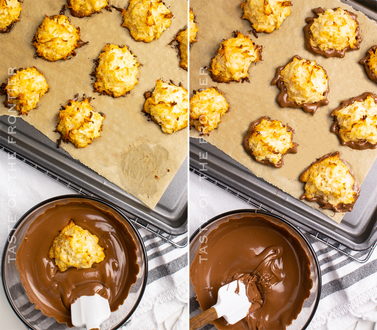 Dipping coconut cookies in chocolate