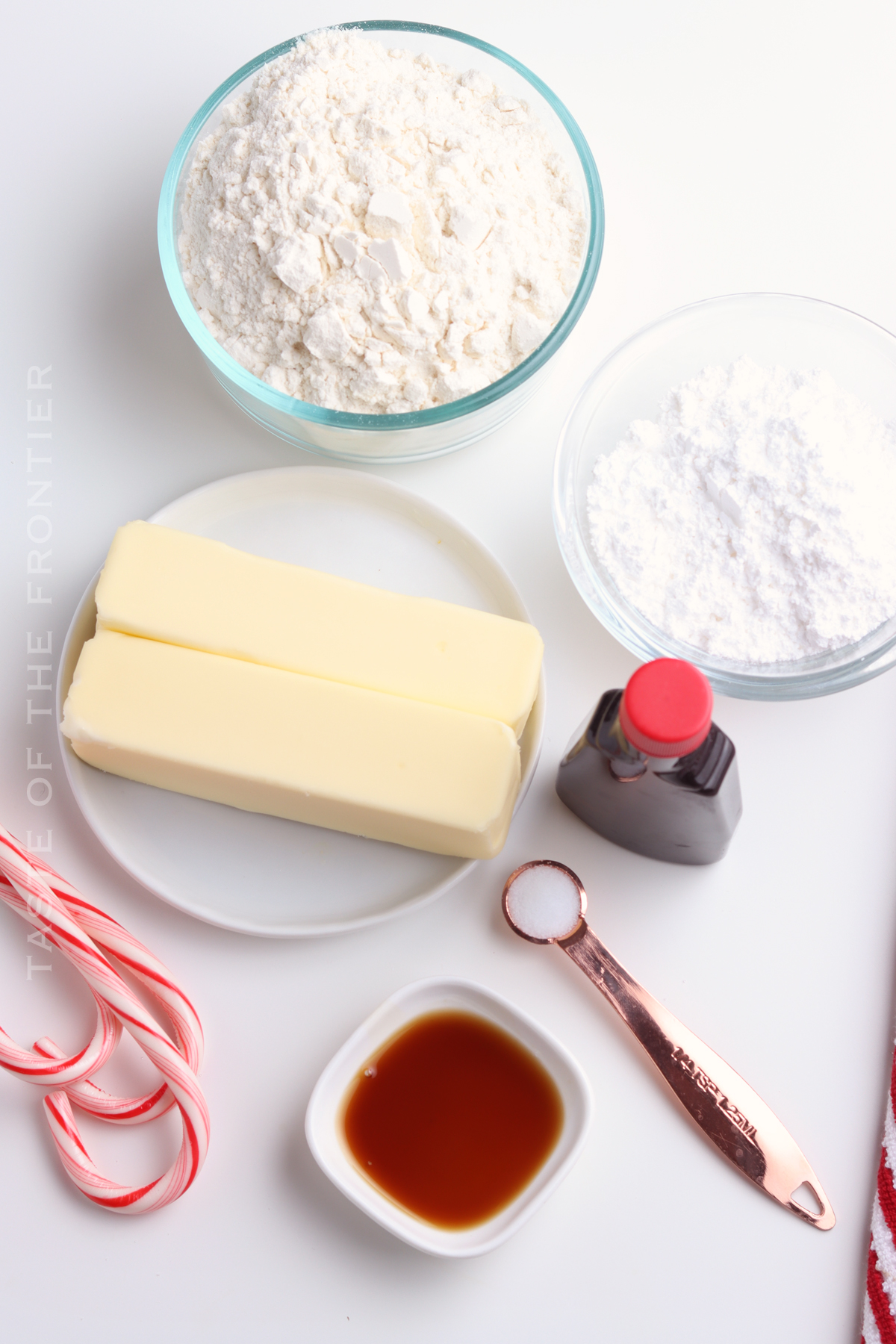 ingredients for Peppermint Snowball Cookies