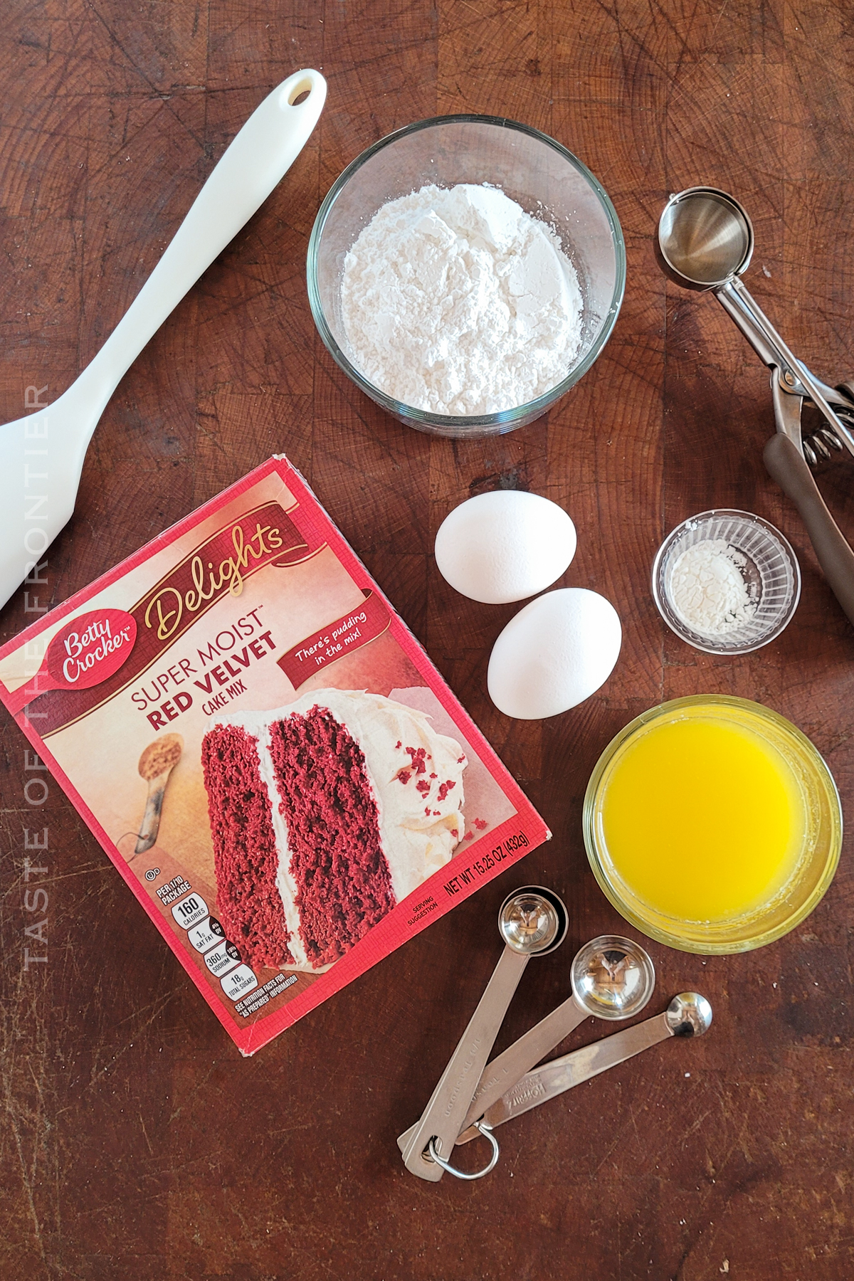 Ingredients for Red Velvet Cake Mix Crinkle Cookies