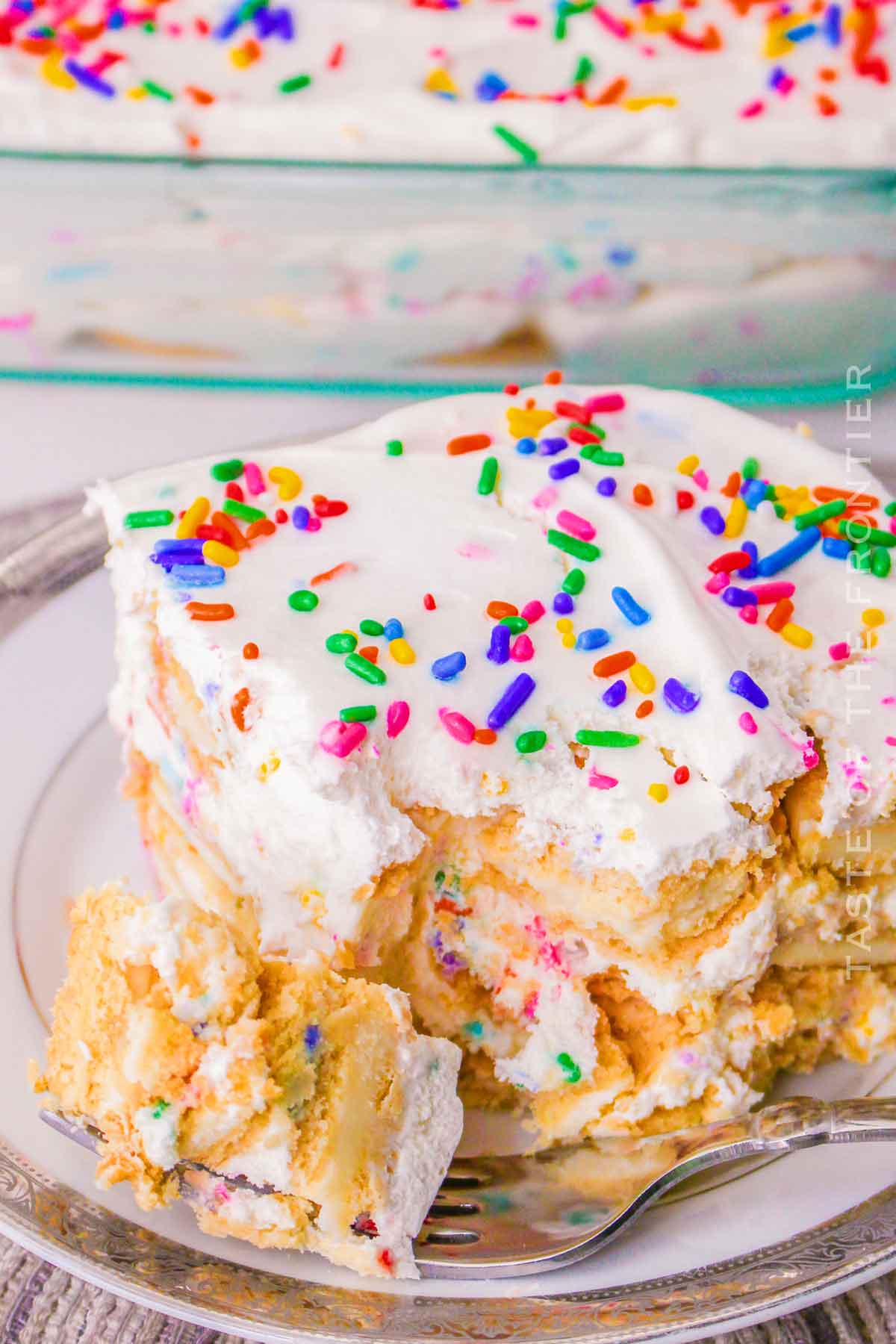 no-bake cake with rainbow sprinkles