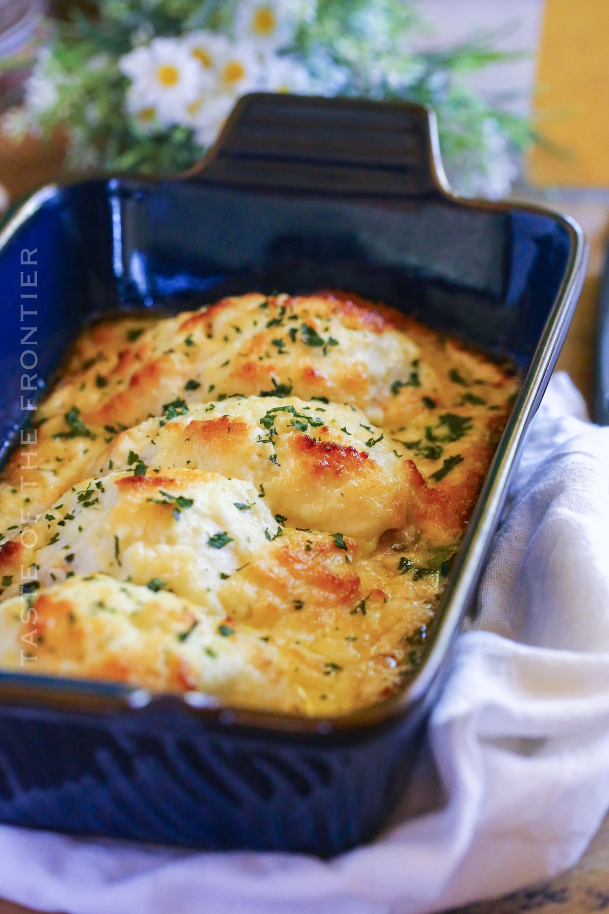 baked chicken breast and topped with cheese