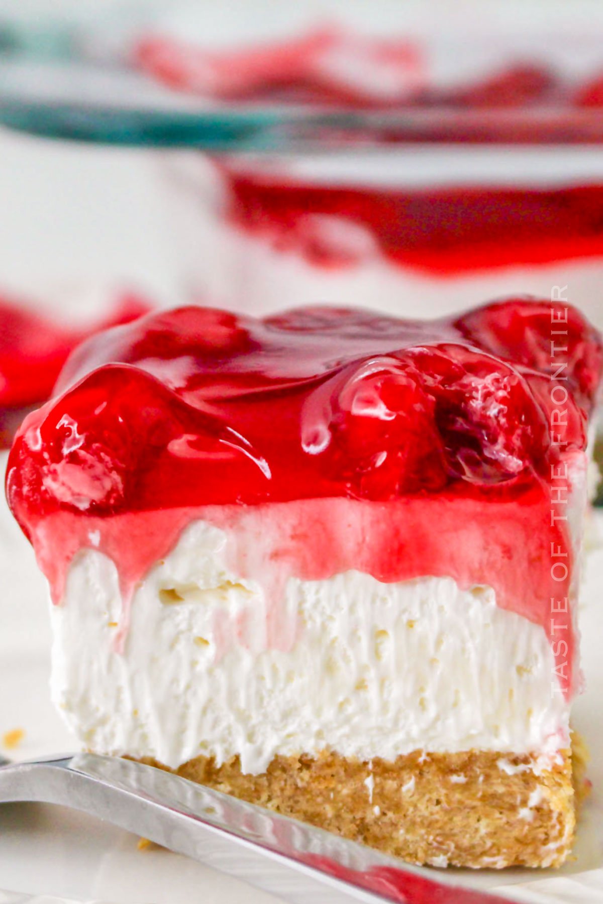 slice of no bake cherry dessert