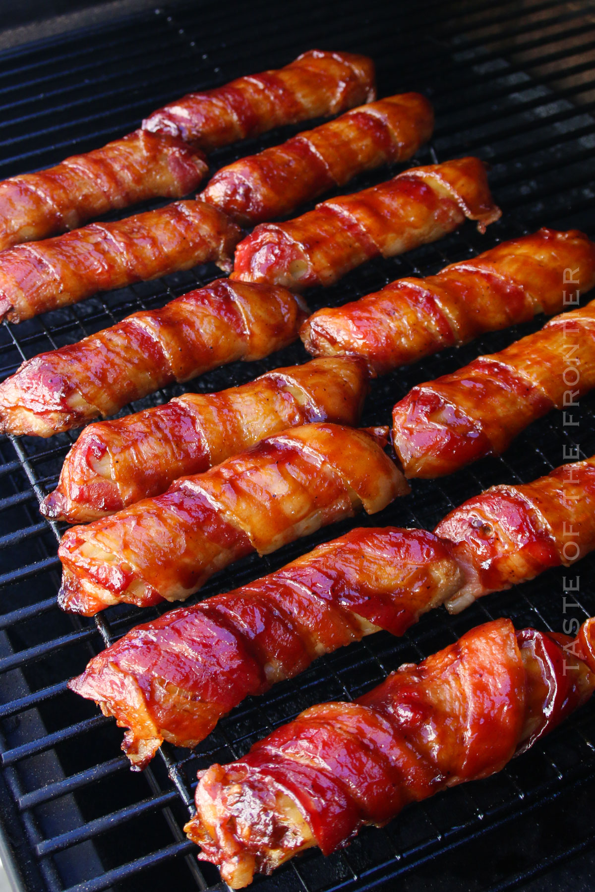 bacon wrapped pasta on the smoker