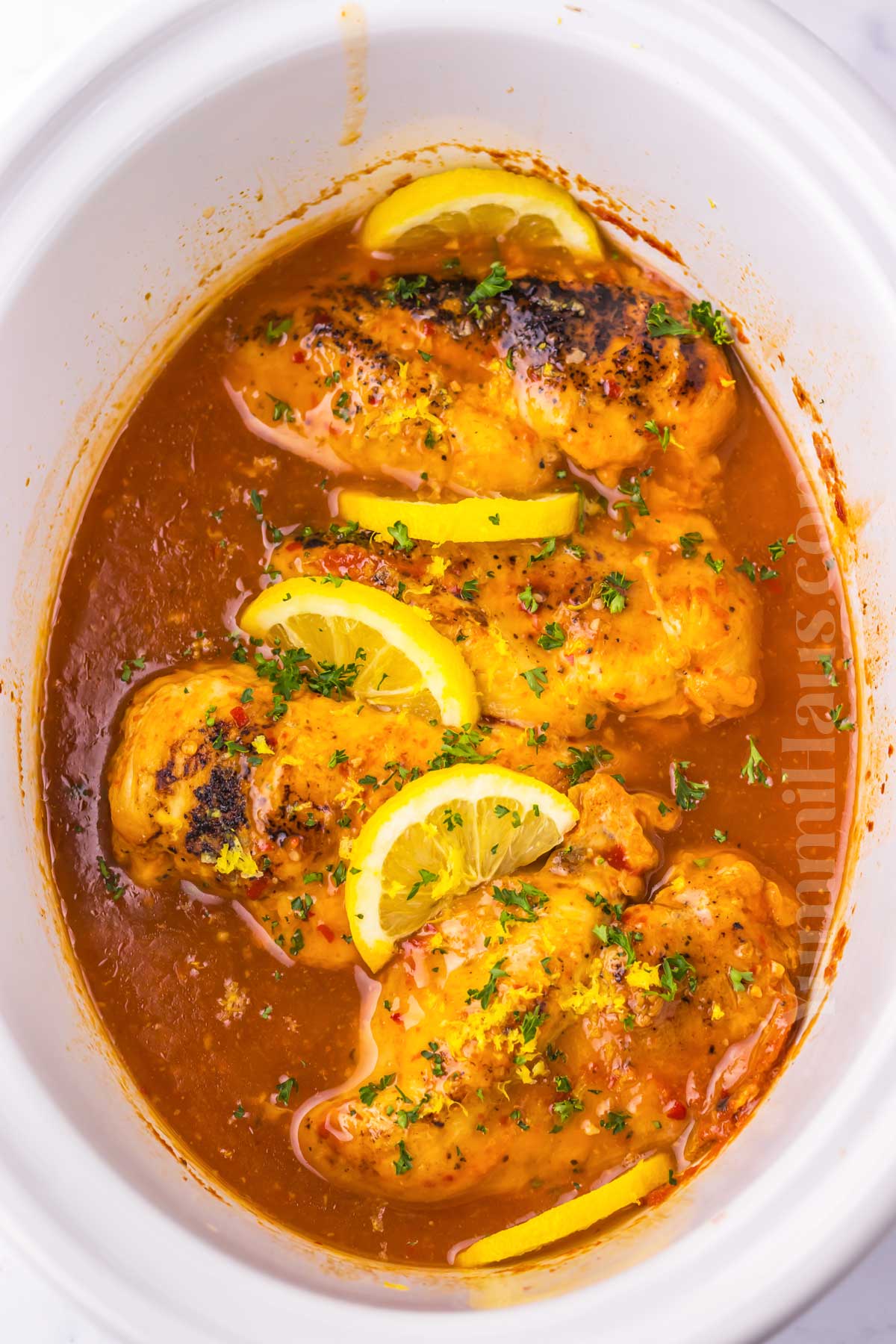 cooked lemon chicken in the crockpot