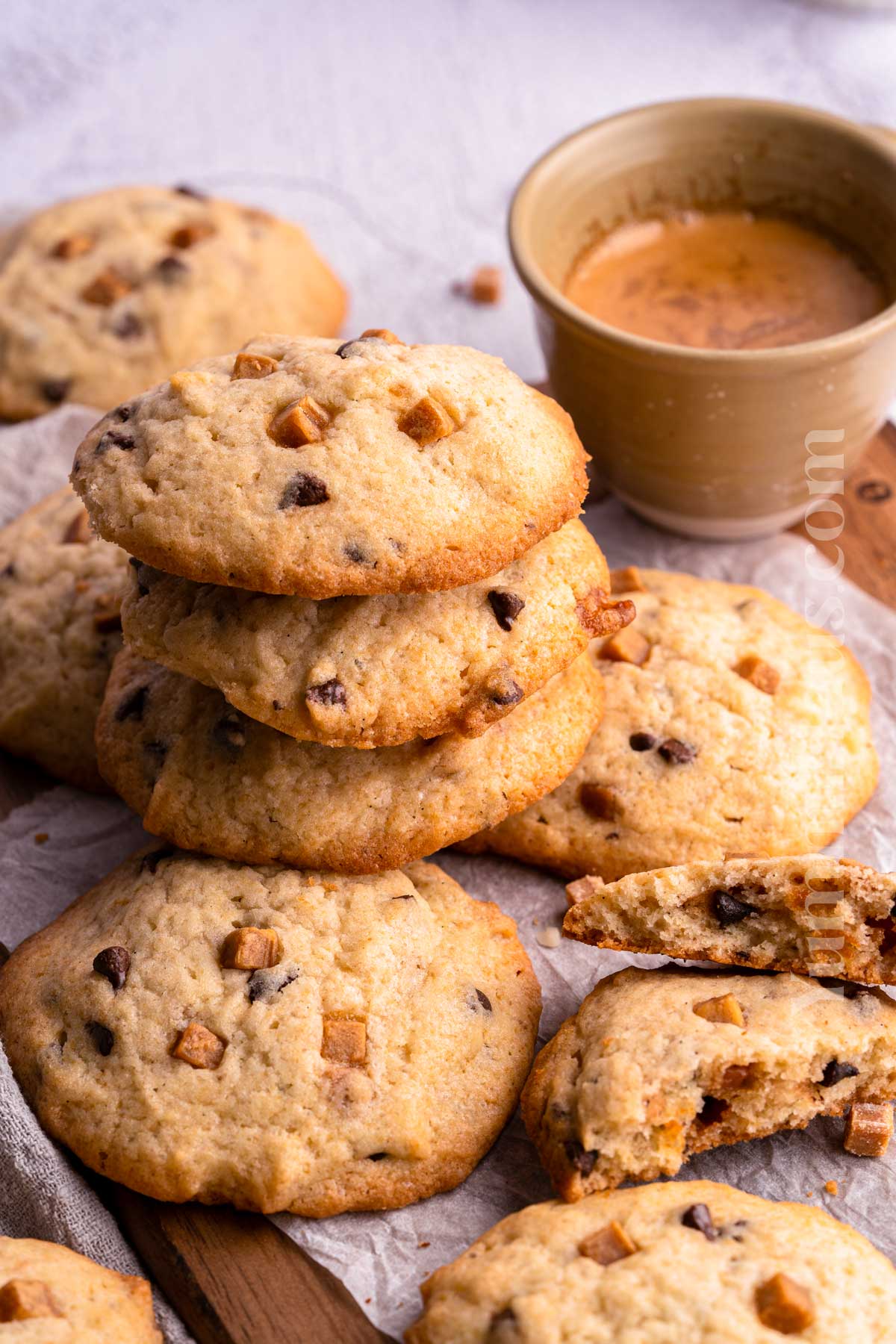 stack of cookies with caramel bits